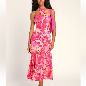 Lulu's Hot Pink Floral Halter Midi Dress